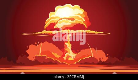 Kernexplosion steigt orange Feuerball von atomaren Pilz Wolke in Wüste Waffe Test retro Cartoon Poster Vektor Illustration Stock Vektor