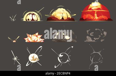 Bomb Explosion Freeze Frame Standbilder Sammlung 3 Sätze mit Schwarzer Hintergrund Retro Cartoon isoliert Vektor Illustration Stock Vektor