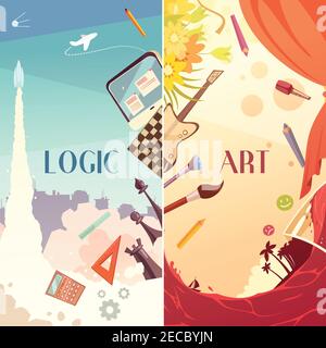 Gehirn linke Logik und rechte Kunst Hemisphären 2 symbolische retro Cartoon vertikale Banner abstrakt isoliert Vektor Illustration Stock Vektor