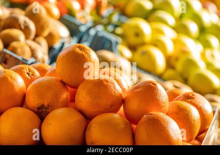 Bauernmarkt, verschiedene Bio-Früchte in Körben, erfrischend und bunt, zitronig. Stockfoto