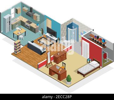 Haus Interieur isometrischen Konzept mit Schlafzimmer Bad und Kleiderschrank Vektor Abbildung Stock Vektor