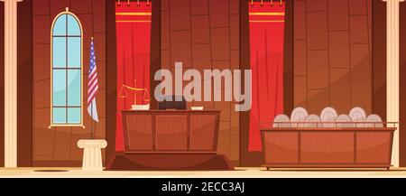 American Court of Law gerichtliche Verfahren im Gerichtsgebäude mit Flagge und Jury Box retro Poster Vektor Illustration Stock Vektor