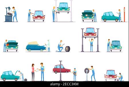 Auto Reparatur Garage Service retro Cartoon Icons Sammlung mit Fahrzeug Heben und Auto Mechanic isolierte Vektor-Illustration Stock Vektor