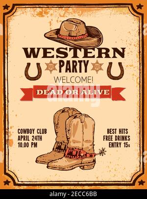 Werbung für Western Party mit Hut zwei Pistolen Cowboy Stiefel Und Titel handgezeichnete Poster Vektor-Illustration Stock Vektor
