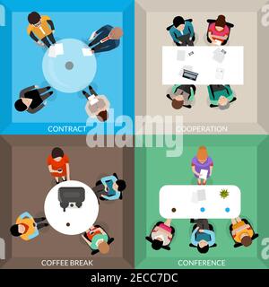 Unternehmenskommunikation Draufsicht Satz typischer Situationen Vertragskooperation Kaffeepause Konferenz isoliert Vektor-Illustration Stock Vektor