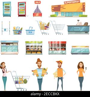 Supermarkt Lebensmittelgeschäft einkaufen Retro-Cartoon-Symbole mit Kunden Karren gesetzt Körbe Lebensmittel und Produkte isoliert Vektor Illustration Stock Vektor