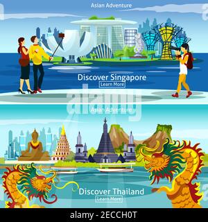 Asiatische Reise-Banner mit Thailand und Singapur Panorama isoliert gesetzt vektorgrafik Stock Vektor