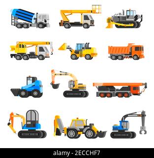 Baumaschinen orthogonale Icons Set mit Bagger und Kran flach Isolierte Vektordarstellung Stock Vektor