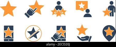 Satz von farbigen Symbolen mit Sternrückmeldung. Kundenbewertung, Bewertung, Gewinn, Spende, soziale Netzwerke, Qualitätskontrolle und vieles mehr. Stock Vektor