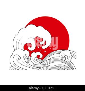 Traditionelle orientalische Wellen mit roter Sonne. Japanischer Seevektor illustrartion. Stock Vektor
