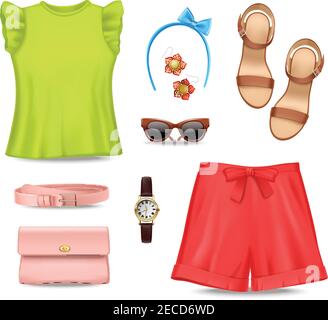 Weibliche romantische bunte Sommerkleidung und Accessoires auf weiß gesetzt Hintergrund flach isoliert Vektor-Illustration Stock Vektor