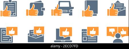 Satz farbiger Symbole mit Daumen nach oben. „Gefällt mir“, „Favorit“, „Qualitätskontrolle“, „Kundenbewertung“ und vieles mehr. Stock Vektor