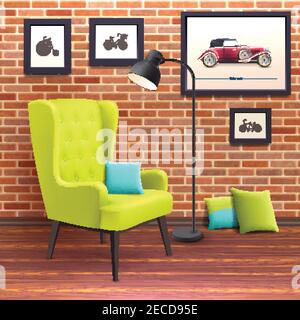 Realistisches weiches Stuhl Poster rot steht in der Ecke von Das Zimmer mit einem blauen Kissen auf Sitz Vektor-Illustration Stock Vektor