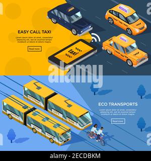 City Transport horizontale Banner Satz von einfachen Anruf und eco Transport Kompositionen mit Straßenbahn-Trolley und Taxi Autos isometrische Symbole vektorgrafik Stock Vektor