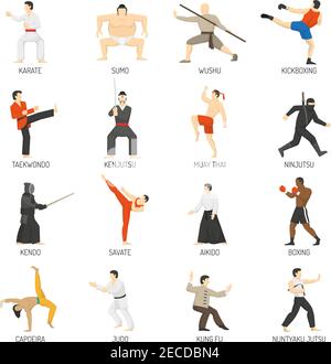 Martial Arts dekorative flache Ikonen Set mit Sumo Karate Judo ninja Taekwondo Kung Fu isolierte Vektor-Illustration Stock Vektor
