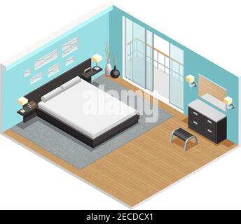 Schlafzimmer mit isometrischem Blick und Kingsize-Bett, Nachttisch, Teppich Und Balkon Schiebetüren abstrakte Vektor-Illustration Stock Vektor