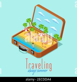 Sommerurlaub Reise isometrisches Poster mit Vintage-Koffer und sonnig Palm Strand Komposition Retro abstrakten Vektor Illustration Stock Vektor