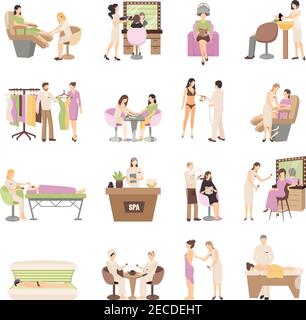 Menschen in Spa-Salon und verschiedene Schönheitsbehandlungen auf weiß Hintergrund isoliert flache Vektorgrafik Stock Vektor