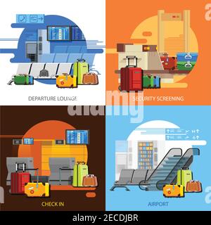 Flughafen Interiors 2x2 flaches Design-Konzept Set von Check-in-Sicherheit Screening und Abflug Lounge Kompositionen Vektor Illustration Stock Vektor
