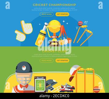 Horizontale Cricket-Club und Meisterschaft Banner mit Bekleidung Spieler Cup Und Medaillen auf grünen und blauen Hintergrund flache Vektor-Illustration Stock Vektor