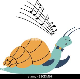 Vektor Cartoon Illustration von lustigen singenden Schnecke. Niedliche handgezeichnete Kinder Design-Element auf weiß isoliert. Doodle skandinavischen Stil Stock Vektor