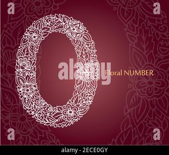 Blumenzahl 0 aus weißen Linienblättern und Blumen auf burgunderrotem Hintergrund. Typografisches Element für Design. Handgezeichnete Vektor-isolierte Illustration Stock Vektor