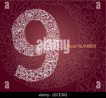 Blumenzahl 9 aus weißen Linienblättern und Blumen auf burgunderrotem Hintergrund. Typografisches Element für Design. Handgezeichnete Vektor-isolierte Illustration Stock Vektor