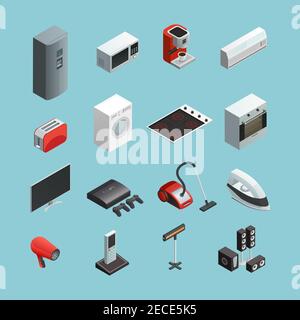 Haushaltsgeräte isometrische Symbole Set mit Staubsauger Kühlschrank Waschen Maschine und Kaffeemaschine isoliert Vektor Illustration Stock Vektor
