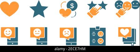 Satz von Symbolen mit Feedback-Farben. Bewertung, Wohltätigkeit, soziale Netzwerke, Verbrauchermeinungen und mehr. Stock Vektor