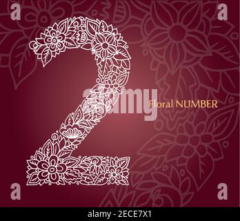 Blumenzahl 2 aus weißen Linienblättern und Blumen auf burgunderrotem Hintergrund. Typografisches Element für Design. Handgezeichnete Vektor-isolierte Illustration Stock Vektor