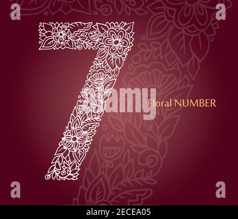 Blumenzahl 7 aus weißen Linienblättern und Blumen auf burgunderrotem Hintergrund. Typografisches Element für Design. Handgezeichnete Vektor-isolierte Illustration Stock Vektor