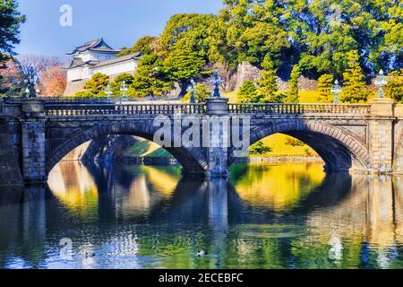 Alte Steinbrücke über den Graben um den Kaiserpalast in Tokio, Japan, an einem sonnigen Tag. Stockfoto