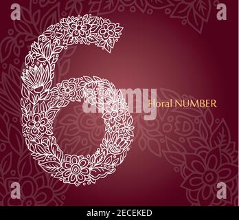 Blumenzahl 6 aus weißen Linienblättern und Blumen auf burgunderrotem Hintergrund. Typografisches Element für Design. Handgezeichnete Vektor-isolierte Illustration Stock Vektor