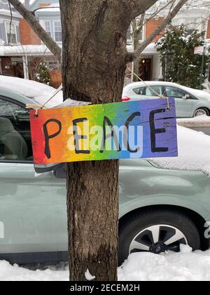 Friedensschild hing an einem Baum im Wohnviertel Kensington in Brooklyn, New York. Stockfoto