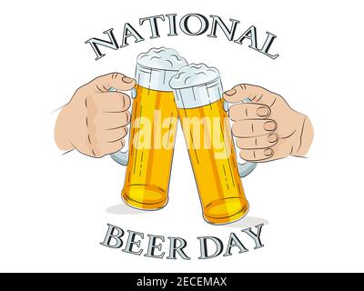 Nationaler Biertag, männliche Hände halten Gläser. Vektorgrafik. Stock Vektor