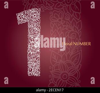 Blumenzahl 1 aus weißen Linienblättern und Blumen auf burgunderrotem Hintergrund. Typografisches Element für Design. Handgezeichnete Vektor-isolierte Illustration Stock Vektor