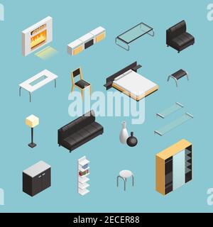 Wohnobjekte mit Couchtisch und Kingsize-Bett Isometrische Symbole setzen abstrakte isolierte Vektordarstellung Stock Vektor