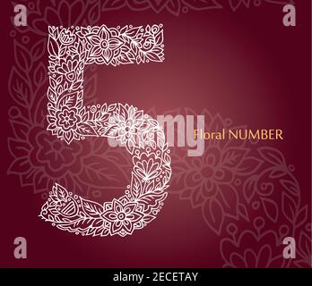 Blumenzahl 5 aus weißen Linienblättern und Blumen auf burgunderrotem Hintergrund. Typografisches Element für Design. Handgezeichnete Vektor-isolierte Illustration Stock Vektor