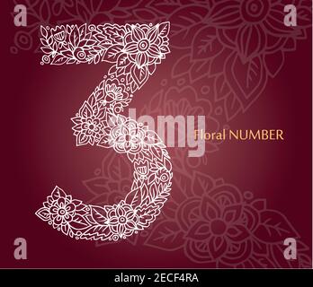 Blumenzahl 3 aus weißen Linienblättern und Blumen auf burgunderrotem Hintergrund. Typografisches Element für Design. Handgezeichnete Vektor-isolierte Illustration Stock Vektor