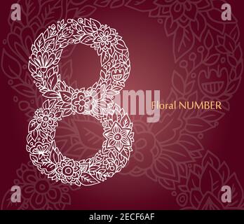 Blumenzahl 8 aus weißen Linienblättern und Blumen auf burgunderrotem Hintergrund. Typografisches Element für Design. Handgezeichnete Vektor-isolierte Illustration Stock Vektor