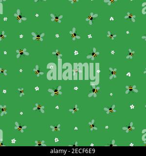 Nahtloses Muster mit Bienen und Blumen auf grünem Hintergrund. Liebenswert Cartoon Wespen Zeichen. Vorlage Design für Einladung, Karten, Textil, Stoff Stock Vektor