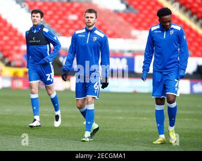 Woolwich, Großbritannien. Februar 2021, 13th. WOOLWICH, Vereinigtes Königreich, FEBRUAR 13: James Morton von Gillingham's (Leihgabe aus Bristol City) (MITTE) während der Sky Bet League One zwischen Charlton Athletic und Gillinghamat The Valley, Woolwich am 13th. Februar 2021 Credit: Action Foto Sport/Alamy Live News Stockfoto