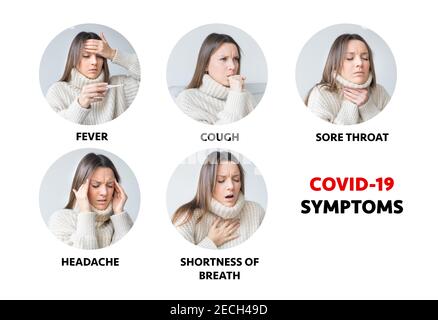 Häufige Symptome von COVID-19. Kranke Frau mit Coronavirus-Infektion Symptome Stockfoto