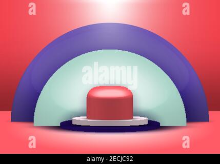 3D realistische geometrische Formen blau, weiß, rot Farbe Produkt Regal stehen mit Halbkreis leeren Hintergrund Podest Podium Display auf rotem Hintergrund w Stock Vektor