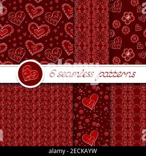 Vector Set von sechs nahtlose handgezeichnete Muster für Valentinstag. In roter Farbe. Stock Vektor