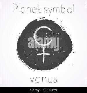 Vektor-Illustration mit handgezeichneter astrologischer Planet-Symbol VENUS auf einem grunge-Tinte Hintergrund. Monochrom. Stock Vektor