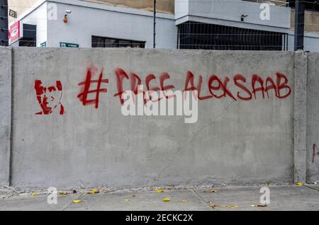 Verschiedene Graffiti in den Hauptstraßen von Caracas, fordern die Veröffentlichung von Alex Saab, mit dem Hashtag #Freealexsaab. Auch Plakate, die darauf hinweisen, dass h Stockfoto