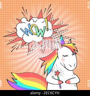 Cartoon Einhorn und Sprechblase mit Text WOW! Poster, Grußkarte oder Einladung im Comic-Stil. Vektor Pop Art Hintergrund. Stock Vektor