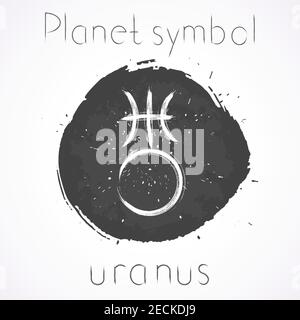 Vektorgrafik mit handgezeichneter astrologischer Planetenfigur URANUS auf einem grunge-ink-Hintergrund. Monochrom. Stock Vektor