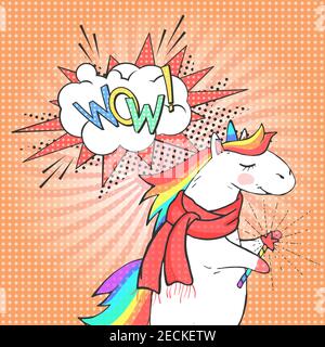 Cartoon Einhorn und Sprechblase mit Text WOW! Poster, Grußkarte oder Einladung im Comic-Stil. Vektor Pop Art Hintergrund. Stock Vektor